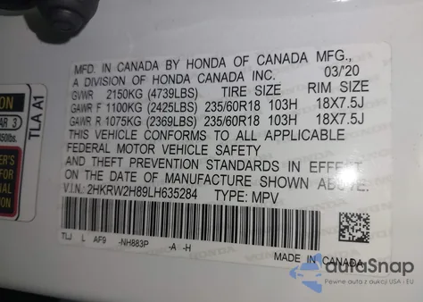 2020 Honda Cr-V Awd Ex-L from USA, damaged, VIN 2HKRW2H89LH635284